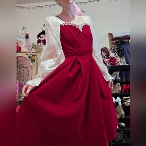 Red Jewel-Embellished Dress with Sheer Puff Sleeves Size S